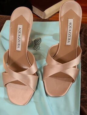 Aquazzura Blush Satin Crisscross Mule Heels